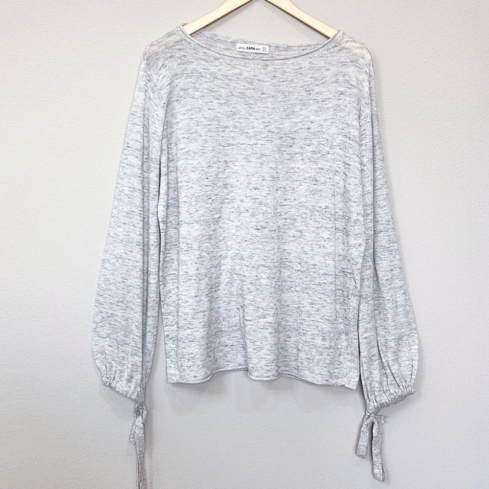 Zara Heather Gray Long Bow Tie Strap Cuff Balloon Sleeves Light Weight Sweater S - Picture 2 of 11